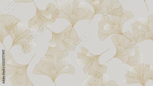 Botanical seamless pattern features hand-drawn gold line art of ginkgo biloba leaves on a light gray background