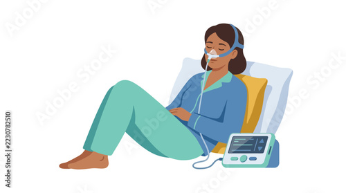 Woman with CPAP mask and machine, sleep apnea treatment, isolated