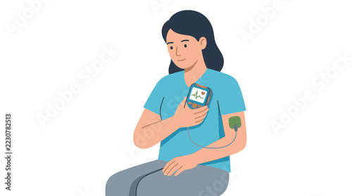 Woman with heart monitor on arm, medical device, health check