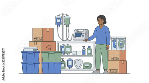 Woman with medical supplies and equipment on transparent background