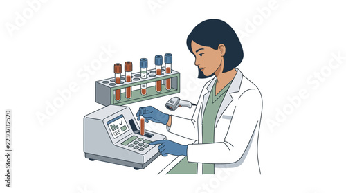 Scientist analyzing blood samples with laboratory equipment and scanner