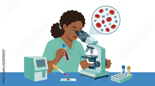 Scientist examines blood sample under microscope, laboratory research