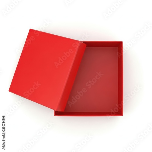 Open red cardboard gift box with lid resting on white background, a simple empty