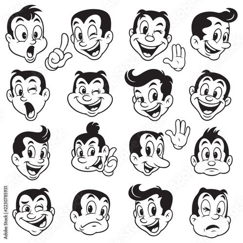 Retro cartoon human facial expressions vector grid with various emotions and gestures.   