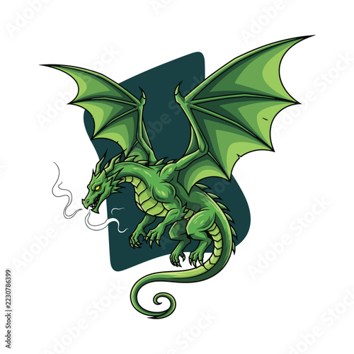 Vector illustration of a green dragon with smoke against a shield background