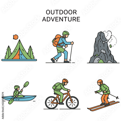 Vector set of outdoor adventure activities and extreme sports icons illustrations.