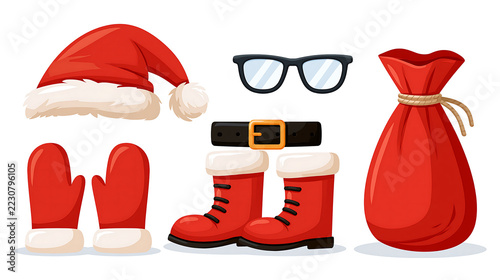 Santa Claus essentials collection featuring a hat, boots, gloves, belt, spectacles, and gift sack in cheerful flat illustration for holiday promotions and children's content.