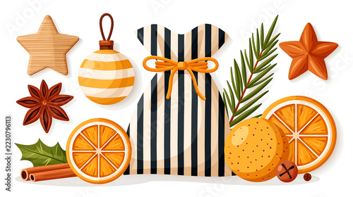 Sustainable Christmas collection featuring natural ornaments, wooden stars, dried oranges, and eco-friendly decorations in flat design, isolated on white.