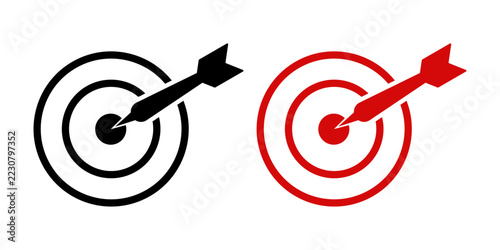 Bullseye Target with Arrow Vector Icon in Black and Red, Goal and Success Symbol
