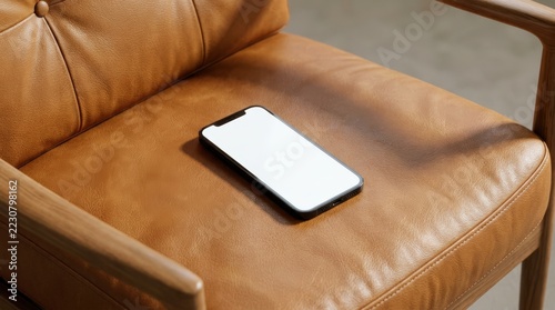 Modern smartphone resting on a luxurious tufted leather armchair in a well-lit room.