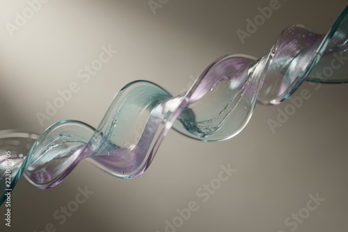 Elegant Twisting Glass Sculpture in Minimalist Setting, Soft Ambient Lighting, Delicate Purple and Blue Hues, Smooth Curves and Reflections, Capturing Modern Artistic Expression