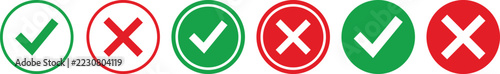 Set of green check mark and red cross mark icons for verification and cancel symbols