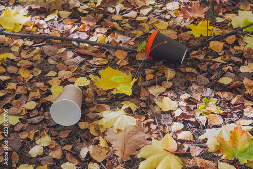 Disposable coffee cups left as litter on autumn ground covered with dry maple leaves.