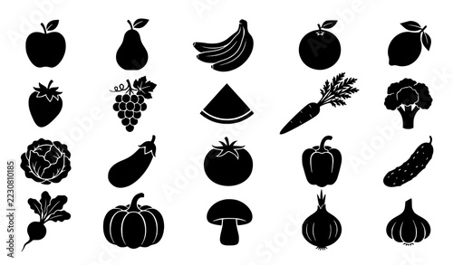 Organic Fruits and Vegetables Black Silhouette Collection Botanical Food Vector Set