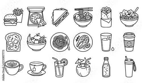 Modern Food and Beverage Contour Icon Set Fast Food Healthy Eating Vector