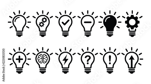 Light bulb icon set with various symbols for business, innovation, and creative problem solving solutions