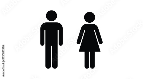Male and female restroom sign icons, minimalist black gender symbols for public toilet facility signage, isolated on white background