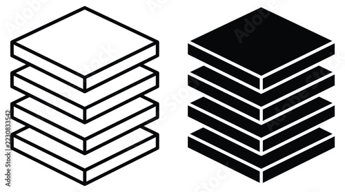 Isometric stacked layers icon vector illustration with outline and filled variants for database storage concept