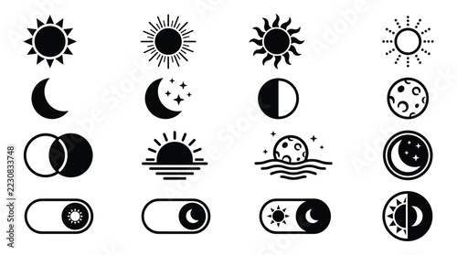 Sun and Moon Weather Icon Set, Celestial Symbols for Day and Night UI Interface Design
