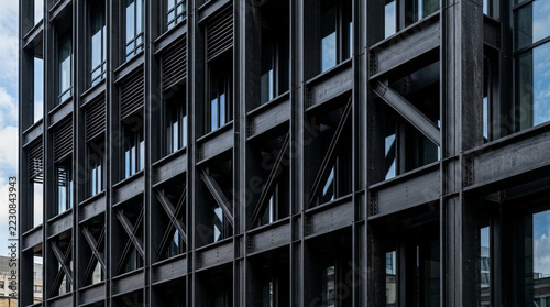 Modern Black Building Facade with Geometric Steel Structure and Windows