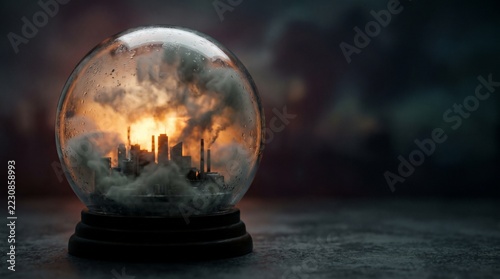A glass snow globe containing a miniature modern city filled with thick gray smog instead of snow, with industrial factory smokestacks inside, representing air pollution and urban environmental crisis