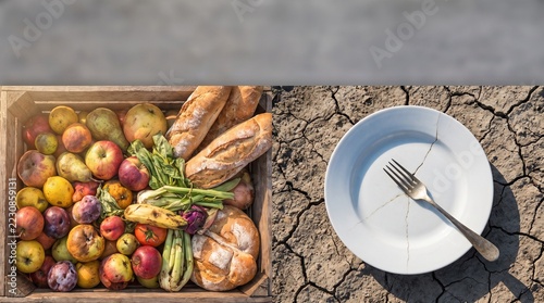 A split-screen style composition showing a trash bin overflowing with fresh uneaten food on one side and an empty cracked ceramic plate with a rusty fork on the other, illustrating global food waste a