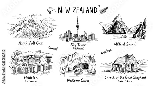 Sketch of a Famous New Zealand Landmark with Minimalist Architectural Line Art