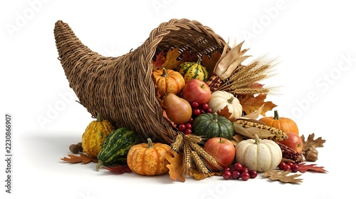 Traditional Rustic Cornucopia Overflowing with Mini Pumpkins, Colorful Gourds, Autumn Fruits and Golden Foliage for a Warm Thanksgiving Harvest Table Display