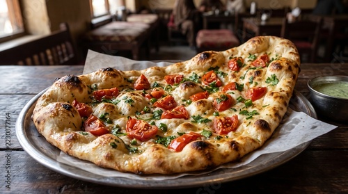 heart shape naan pizza with tomatoes and cheese on wooden table