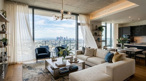 Modern Apartment Living Room with City View and Open Kitchen