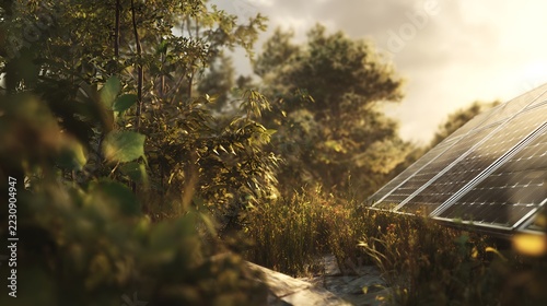 Solar panel harmonized with a meadow-like environment emphasizing coexistence with nature, expansive natural setting with gentle movement and organic layout, warm natural lighting with soft highlights
