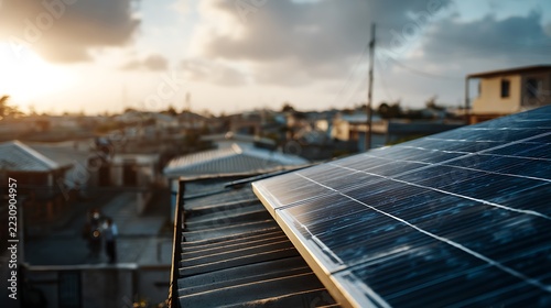 Solar panel installed on a residential rooftop symbolizing reliable energy for daily family life, cozy neighborhood environment with subtle domestic context, warm natural sunlight creating a comfortin