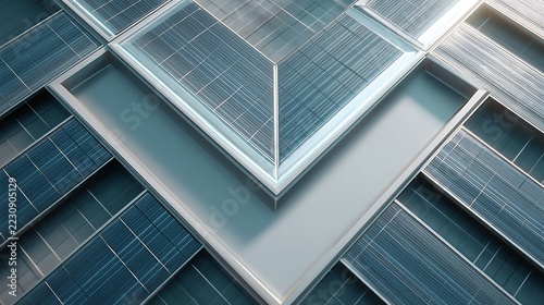 Solar panel integrated into an abstract geometric arrangement representing clean technology, simplified environment with layered shapes, balanced studio lighting with smooth highlights, wide shot with