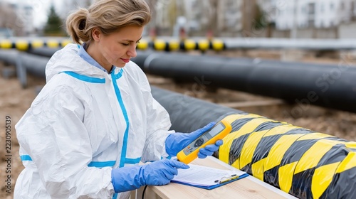 Technician in protective suit checks readings near industrial pipeline.