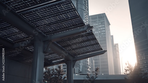 Solar panel integrated into everyday urban infrastructure supporting connected city living, dynamic city environment with layered streets and structures, balanced ambient lighting with neutral tones, 
