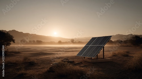 Solar panel placed within a horizon-focused natural setting emphasizing unity with the environment, expansive open space with smooth transitions and natural gradients, soft sunrise lighting with warm 