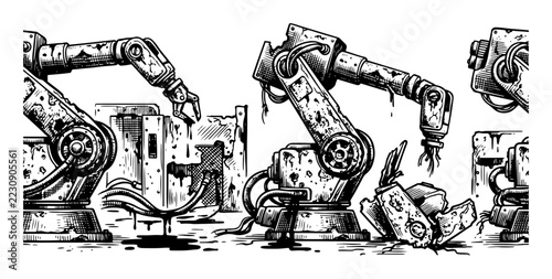 Damaged industrial robotic arms among broken machine parts