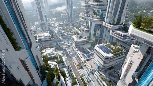 Solar panel powering a next-generation smart city with advanced systems, futuristic urban environment with modular and adaptive architecture, directional lighting emphasizing depth and scale, wide sho