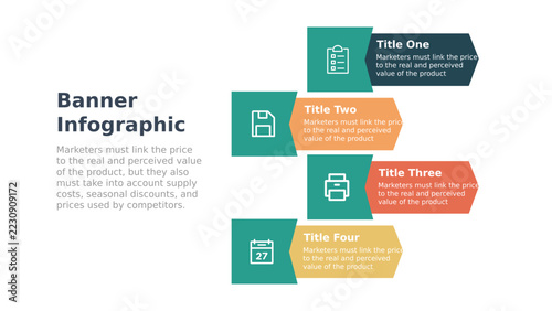 Banner infographic with four teal, orange, coral and yellow arrow ribbons, clipboard, floppy disk, printer and calendar icons, flat vector illustration