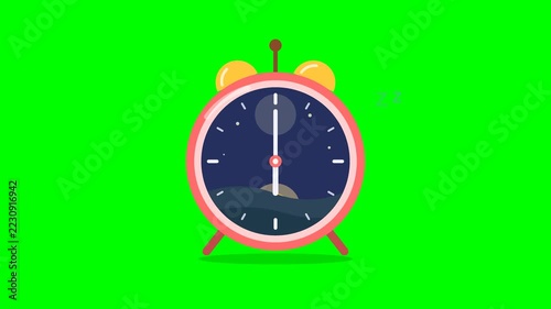 2D, animation, alarm clock for daytime, nighttime, and morning, green screen background 