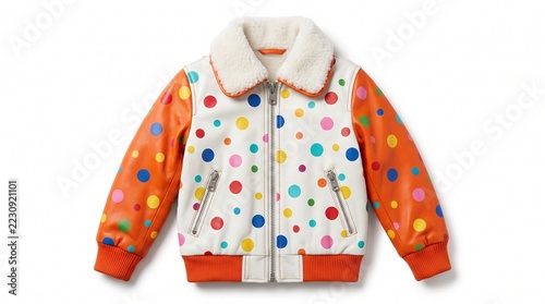 Stylish winter bomber jacket for kids with colorful polka dot pattern and fur collar