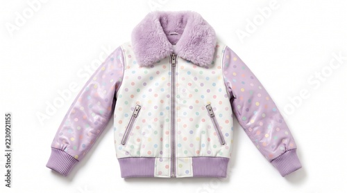 Cute purple and white polka dot bomber jacket with a soft fluffy fur collar piece