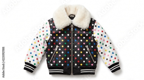 Stylish black bomber jacket with colorful polka dots and a fluffy white fur collar
