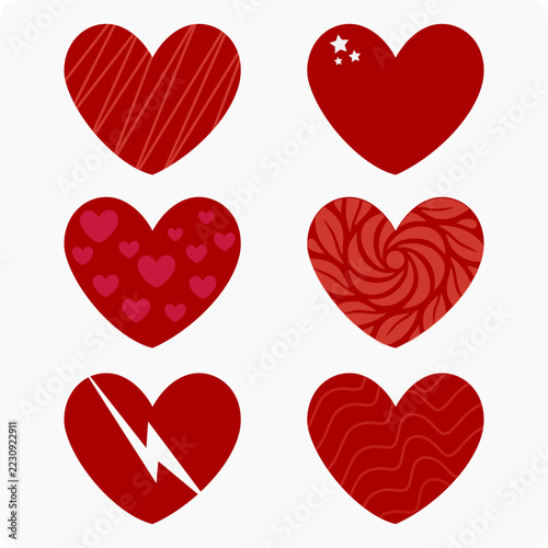 Six red heart icons isolated on white background