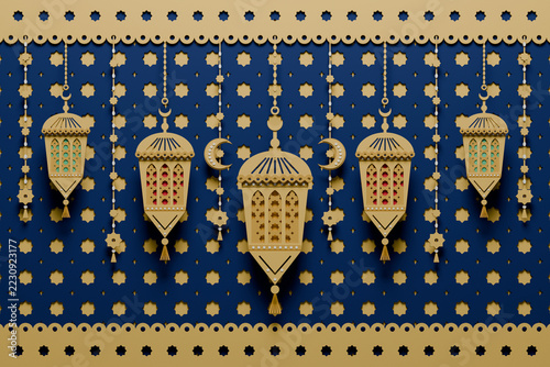 Ramadan lanterns, five fanous with red, amber and green glass hanging with strands of stars and crescents, layered papercut art, 3D render