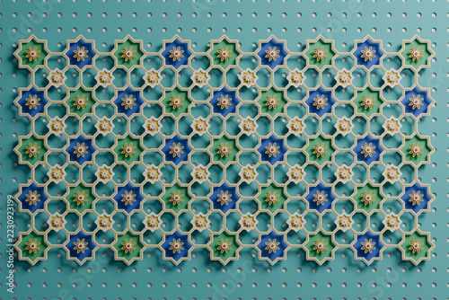 Ramadan girih pattern, interlaced eight point stars in blue, green and gold on a pierced star ground, layered papercut art, 3D render
