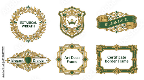 Elegant Ornate Vintage Frames and Labels Set, Isolated