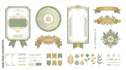 Elegant Vintage Decorative Ornaments and Ribbons, Isolated Elements