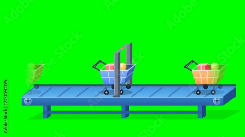 3D, animation, shopping cart moving on a conveyor belt, online store, shipping, store, 