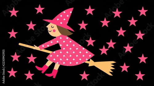 Cartoon witch is flexing on a broom among the stars: Halloween magic